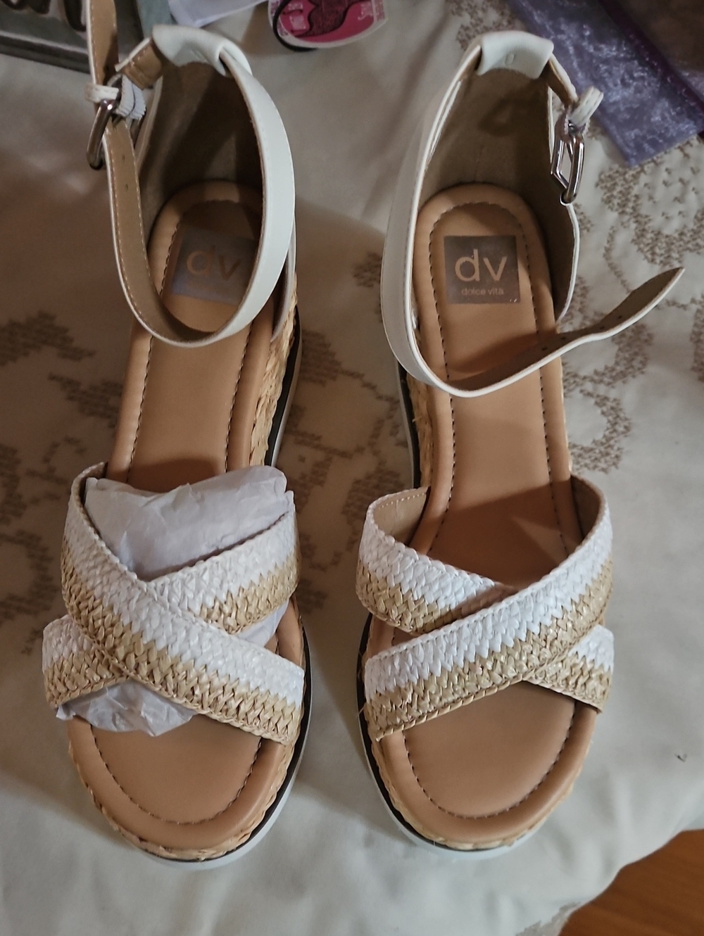 DV by Dolce Vita White and Natural Braided Wedge Sandals